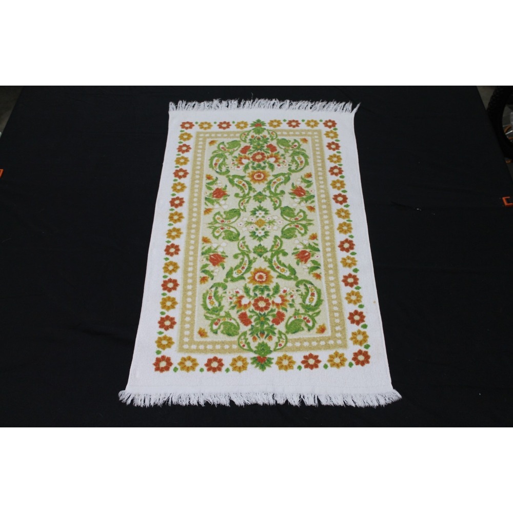 Vintage 1970s Floral Bathroom Hand Towel Fringed Retro Orange Green USA Made